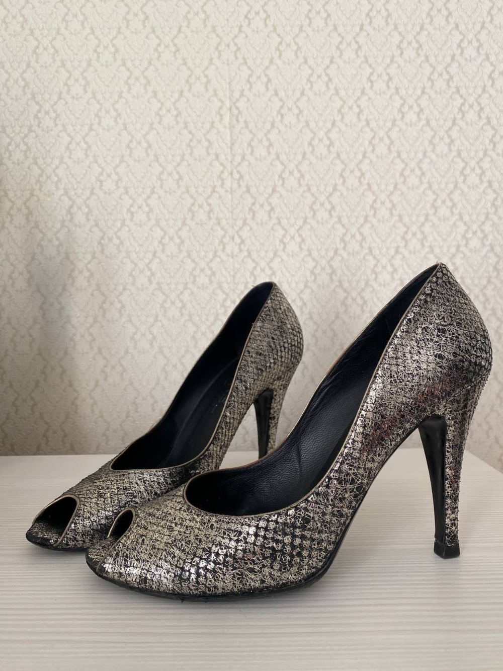 CHANEL Metallic Python Snakeskin Leather CC Logo Peep Toe Heels Pumps